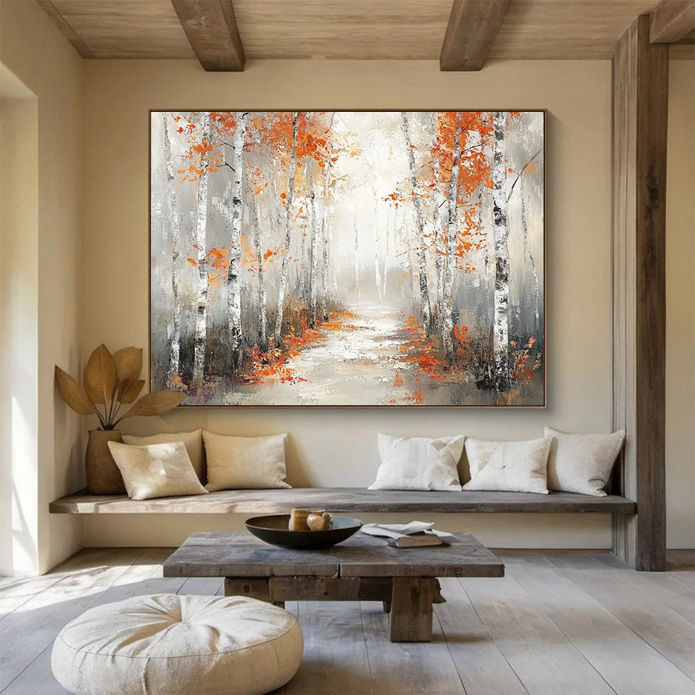 “Autumn Birch Pathway” - Orange, Gray, Birch Trees, Forest Path - Impressionist Landscape Painting HB1683