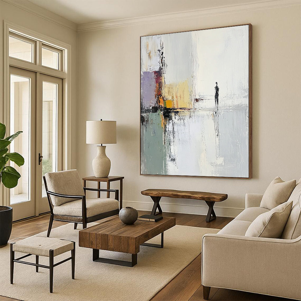 Large contemporary hand-painted abstract artwork featuring a woman by the water with soft tones and impressionist brushstrokes for a serene atmosphere. DLZ1397