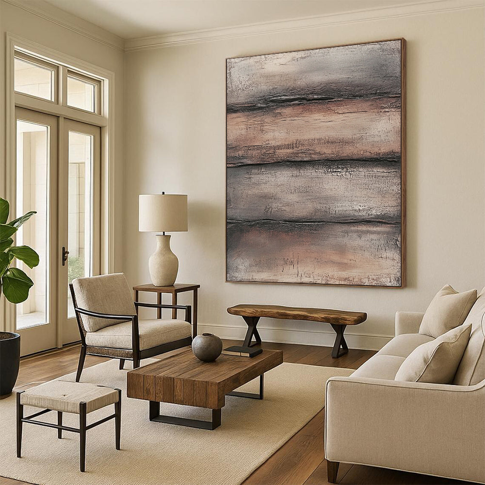 Contemporary hand-painted abstract art featuring textured layers of brown and gray evoking weathered wood in a rugged industrial style. DLZ1480