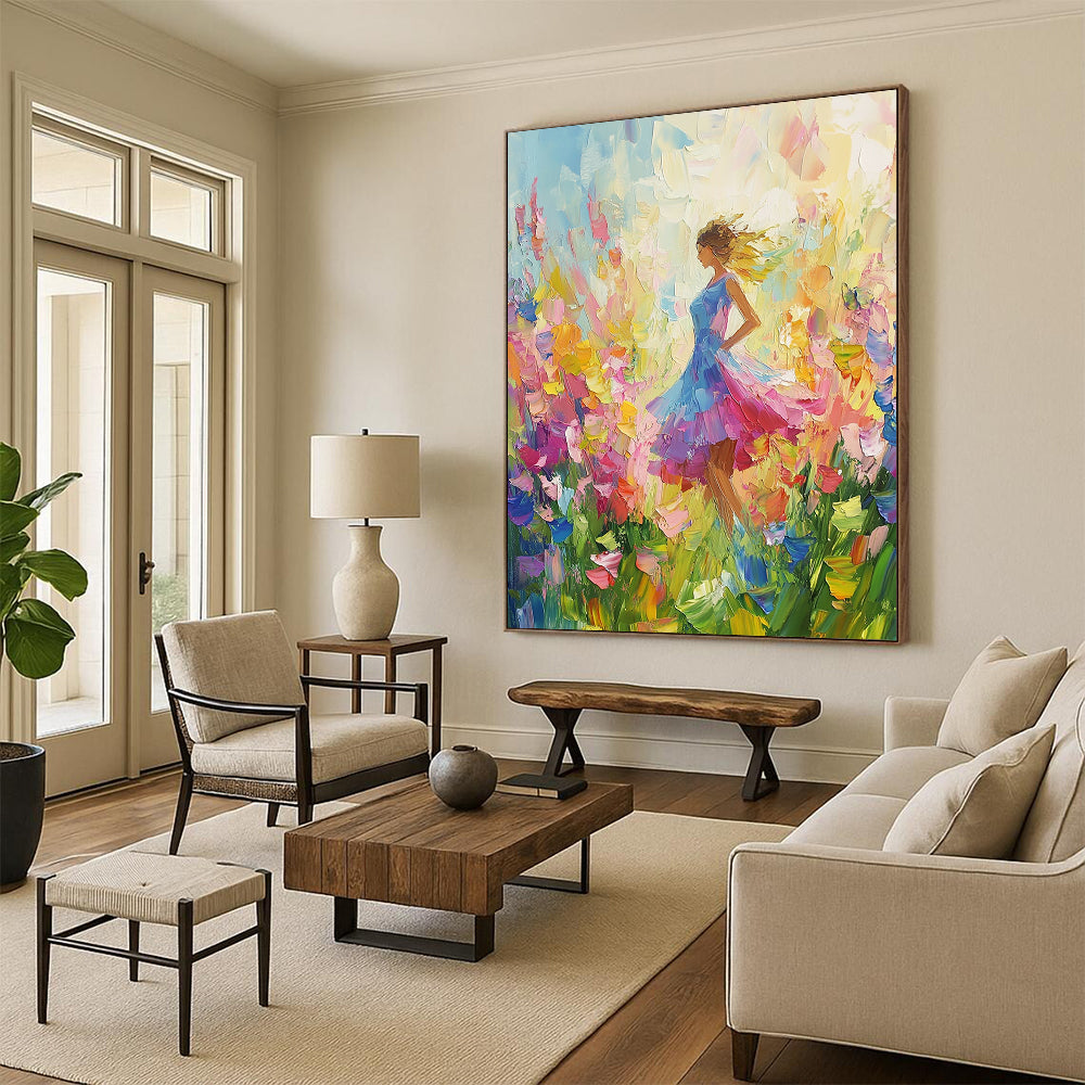 Vibrant contemporary abstract painting featuring colorful wildflowers with a palette knife technique against a soft-hued background. Perfect for brightening any space. DLZ1570