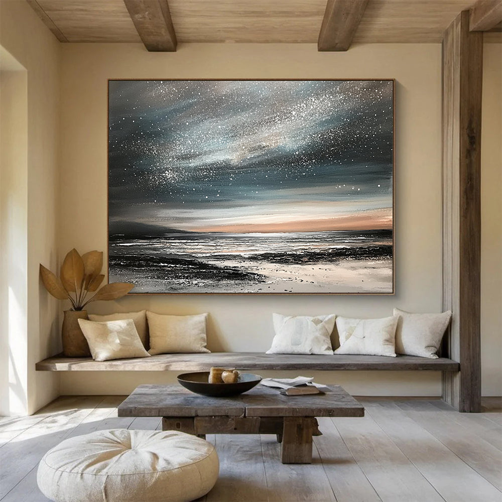 “Starry Night Coastal” - Black, Gray, Silver, Orange, Dreamy Night Sky & Sea Scenes Painting On Canvas HB1025