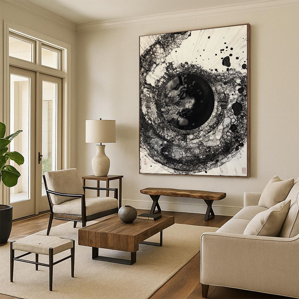 Black & White Bubbly Circular Ink - “Ethereal Ink Bubble” Painting On Canvas HB223