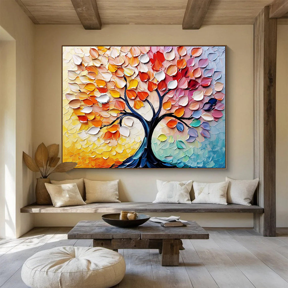 “Colorful Autumn Tree with Textured Leaves” - Yellow, Orange, Red, Pink, Colorful Leaf Textures - Palette Knife Acrylic Painting HB1637