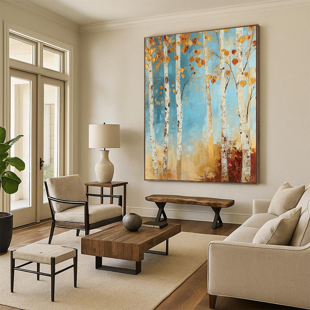Contemporary abstract painting featuring a tranquil birch forest with autumn hues in soft blues and golds, adding warmth to your space. DLZ1456