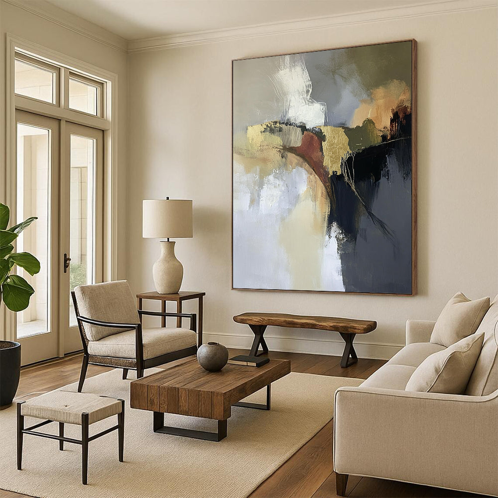 Contemporary hand-painted abstract artwork featuring aerial landscapes in neutral tones with gold and brown accents creating a dreamy atmospheric effect. DLZ0449