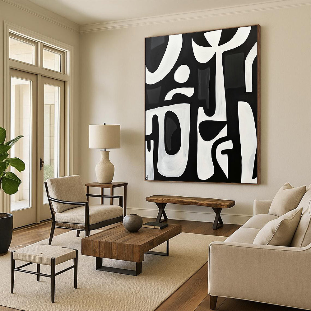 Large contemporary hand-painted abstract artwork featuring bold white shapes on a black background with minimalist design and elegant simplicity. DLZ1426
