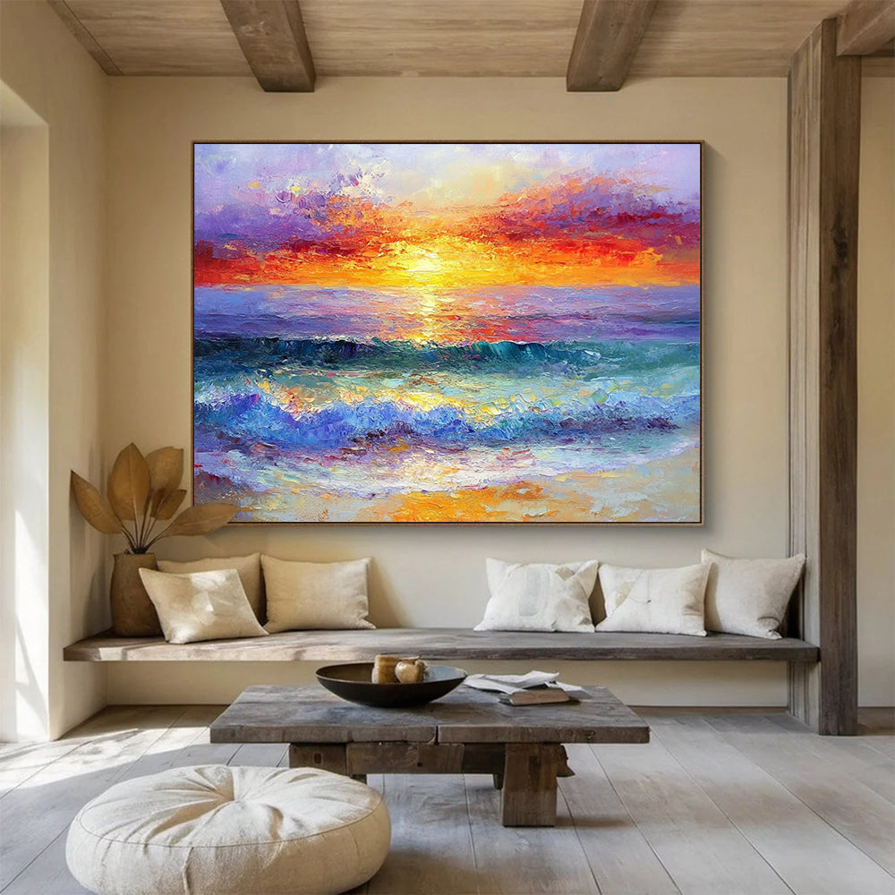 “Blazing Sunset Waves” - Fiery Oranges, Reds, Pinks, Purple, Dynamic Ocean Sunset - Impasto Oil Painting HB1749