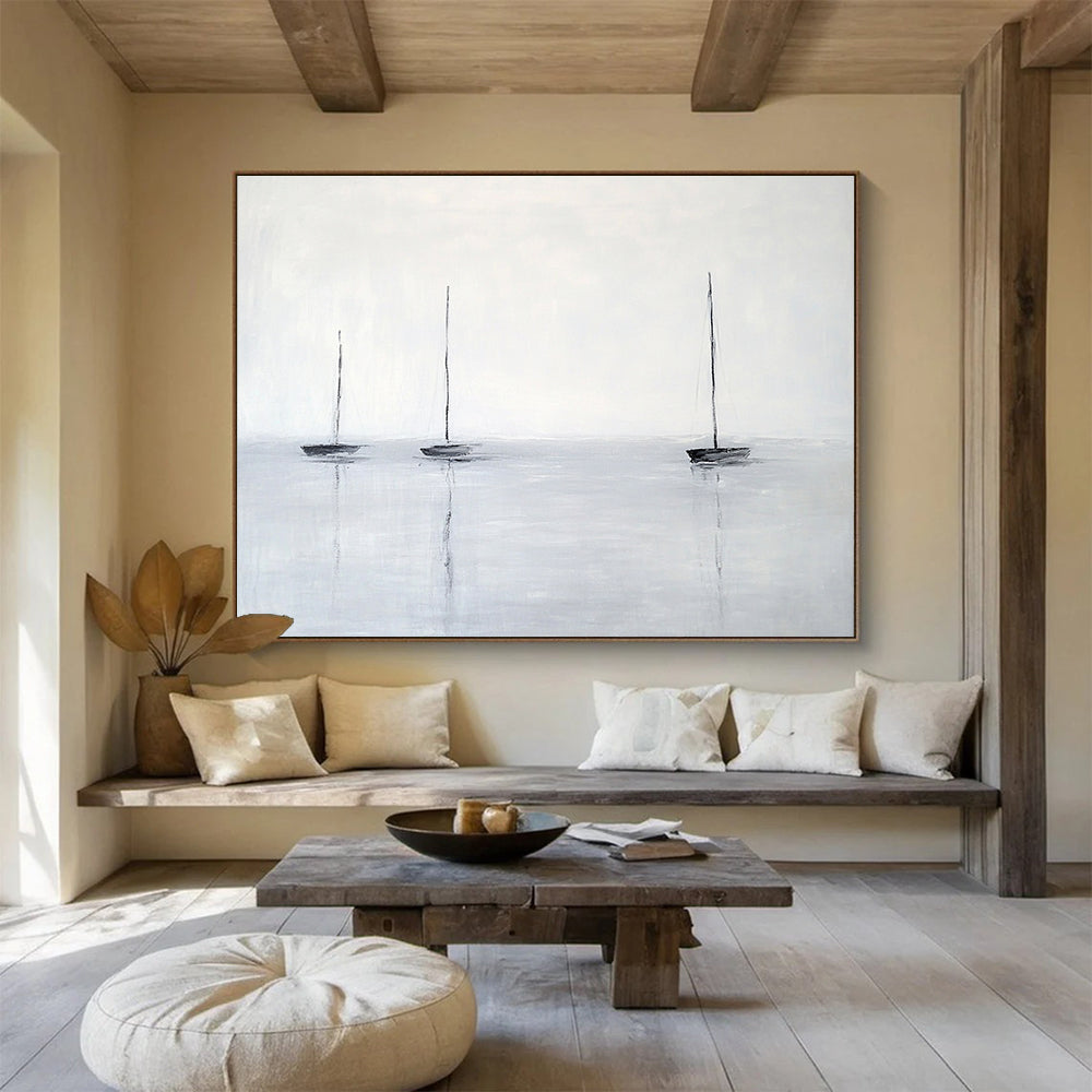 “Sailboats on Gray Water” - Gray, Black, Minimalist Sailboat Scene Painting On Canvas HB0959