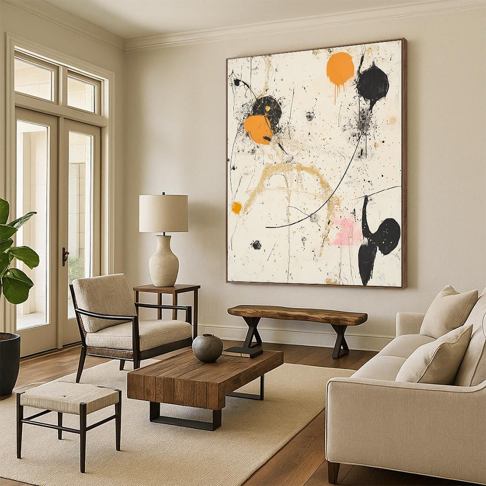 Black, White, Orange, Gold, Splattered Shapes "Chaotic Cosmos" Abstract Expressionist Painting On Canvas HB101
