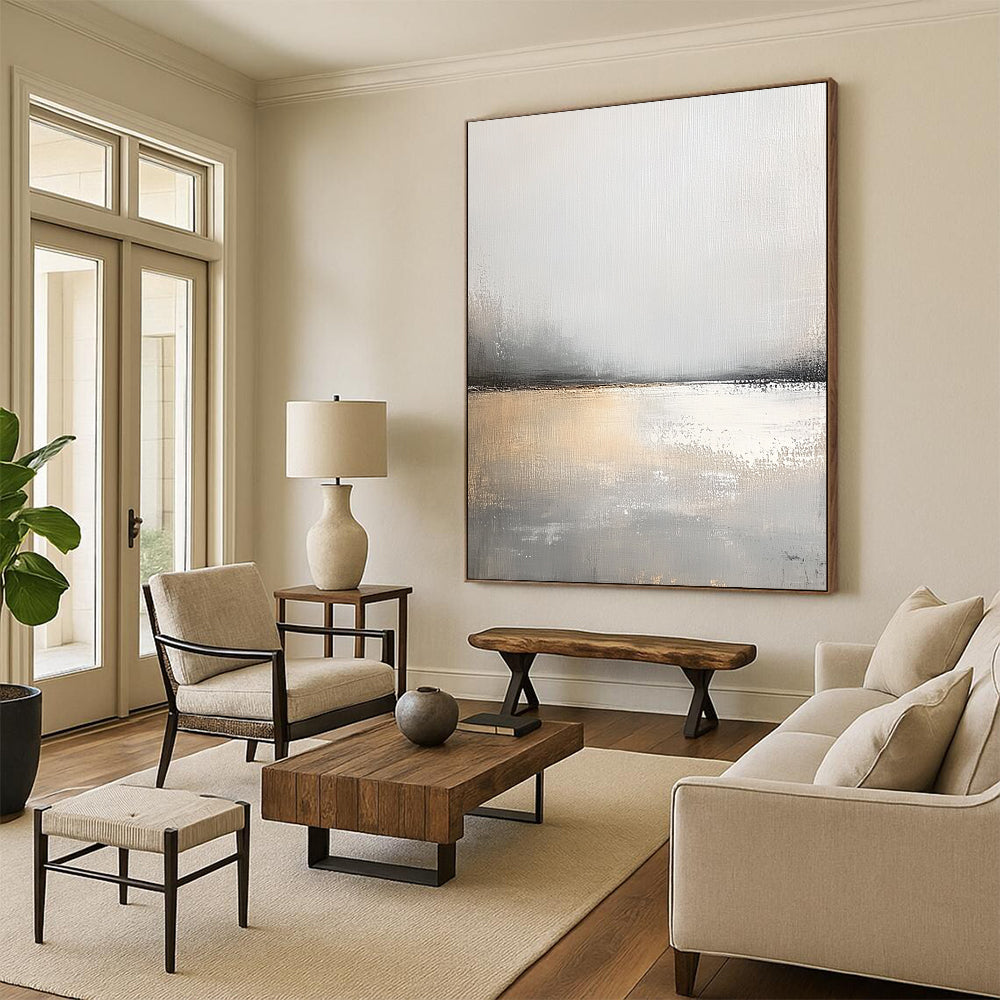 Large contemporary hand-painted abstract artwork features serene gray and white tones with soft brushstrokes and a calming effect that enhances tranquil spaces. DLZ0403