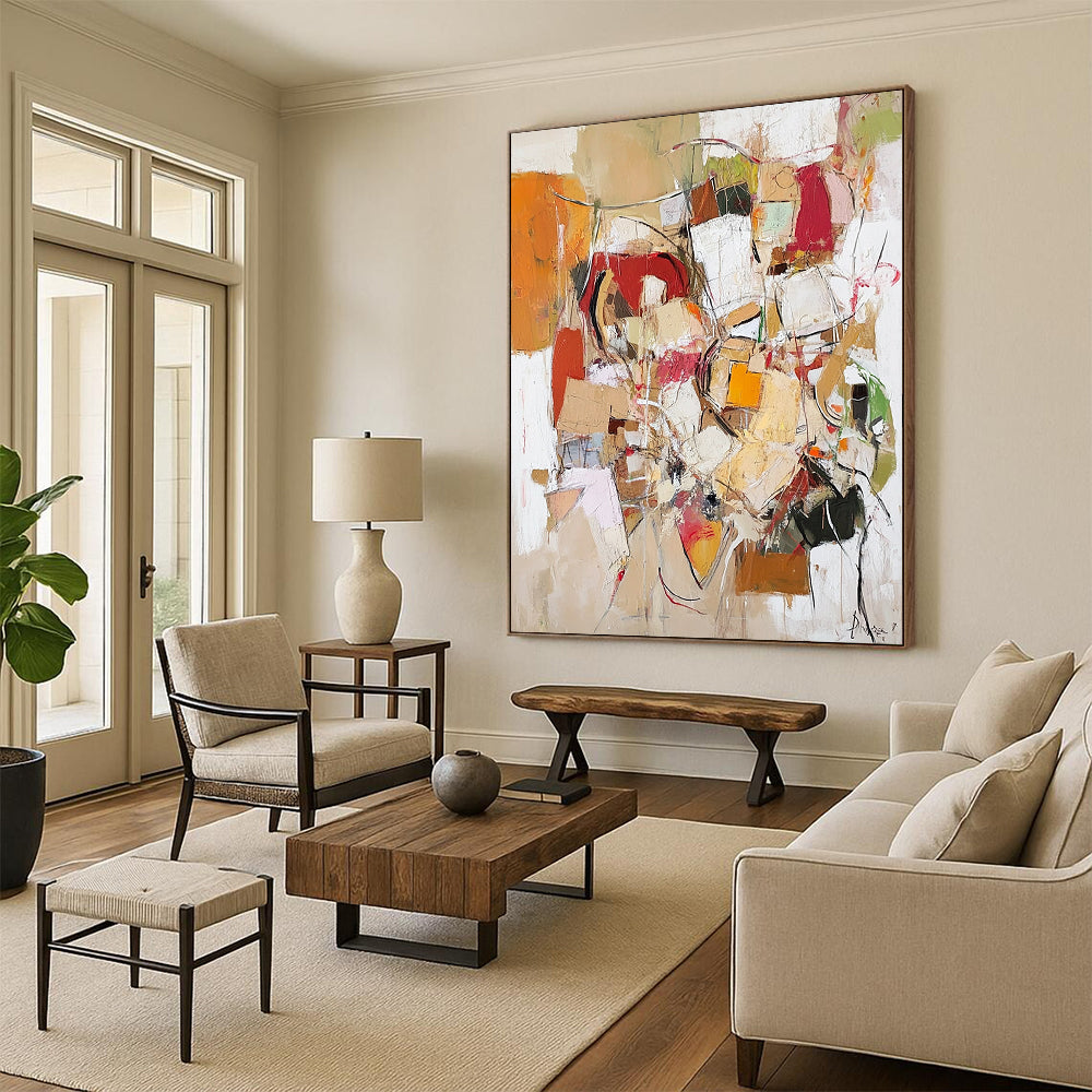 Contemporary abstract painting conveying life's chaos with textured elements in neutral tones of red, yellow, green, white, brown, and beige. DLZ1000