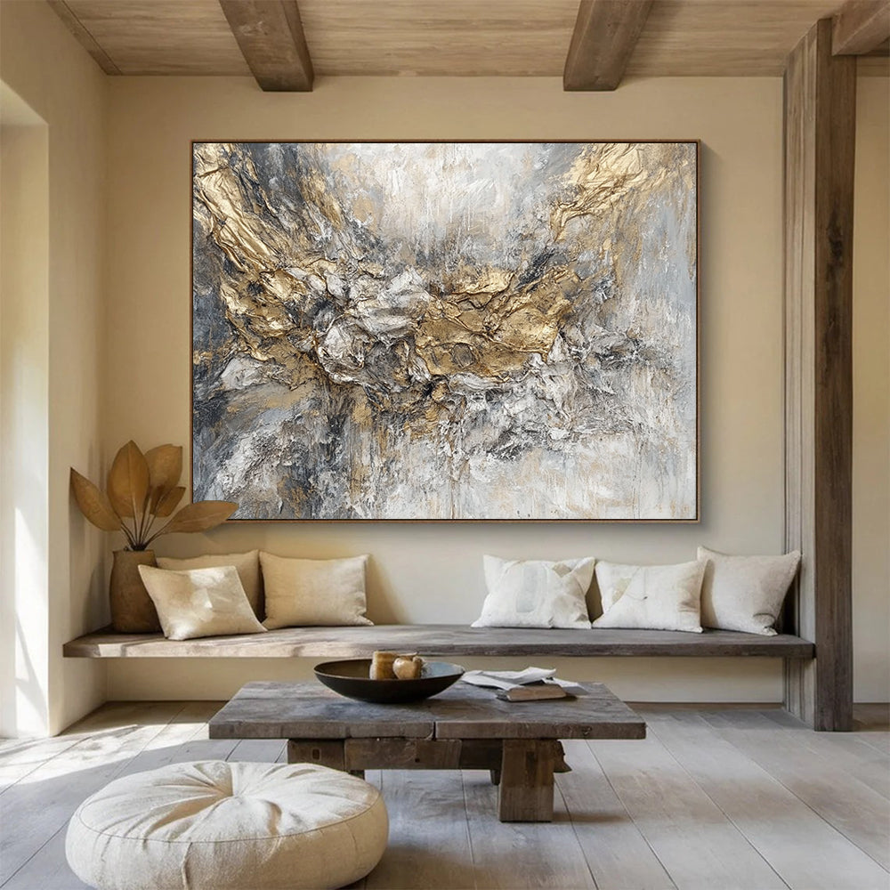 “Golden - Gray Textured Abstraction” - Gold, Gray, Textured Swirls Painting On Canvas HB0786