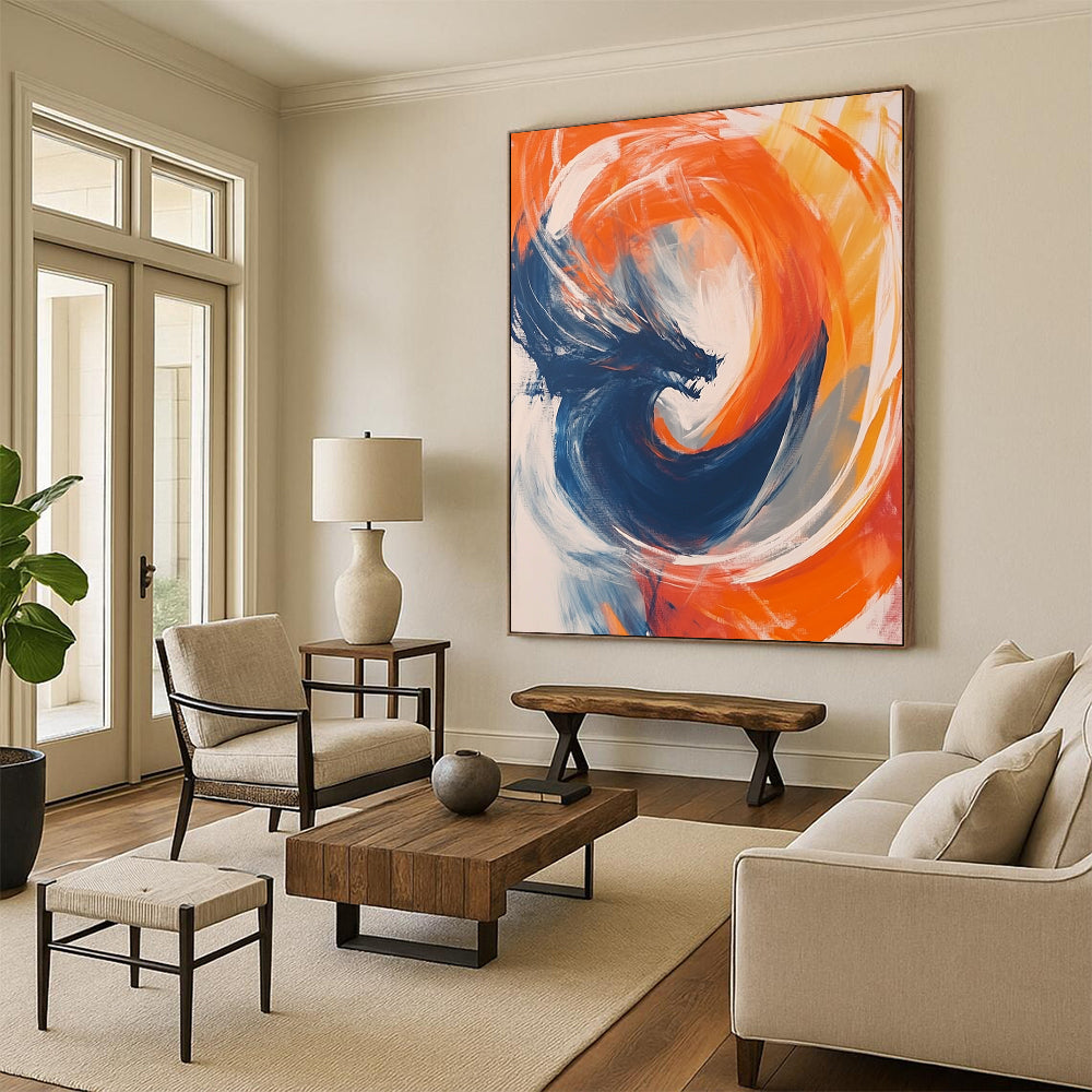 Contemporary abstract artwork featuring vibrant orange and blue circular forms with fluid movement, white strokes, and a dynamic dragon motif at the center. DLZ1014