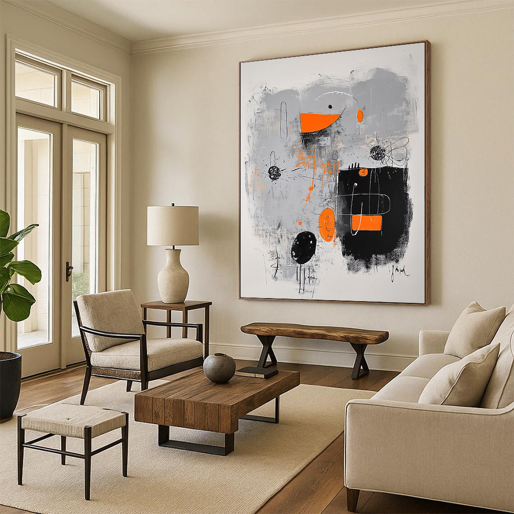 Black, Gray, Orange and White Abstract Fusion "Creative Spark" Painting On Canvas HB328