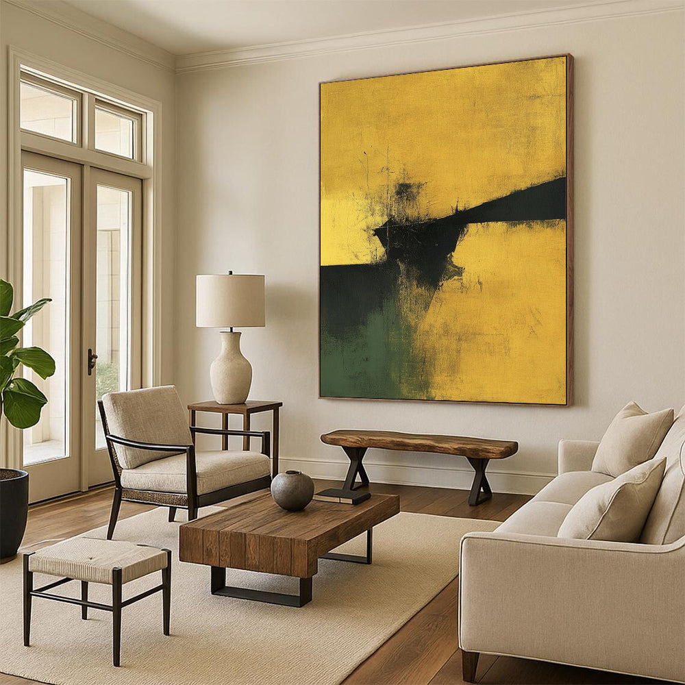 Contemporary abstract art showcasing earthy yellows and greens with touches of black and gold in a minimalist design. DLZ0915
