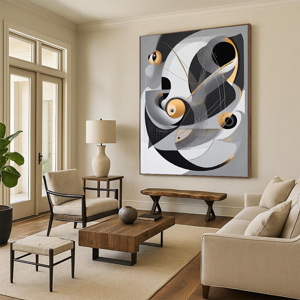 Gray, Black, White, Gold and Silver Abstract Composition "Cosmic Dance" Painting On Canvas HB358