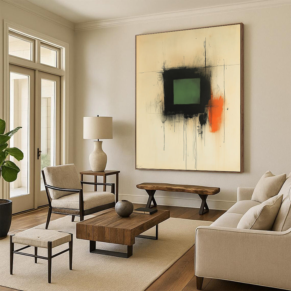 Contemporary abstract artwork features soft black ink lines with a central green square and warm strokes of brown and orange evoking serenity and contemplation. DLZ1465
