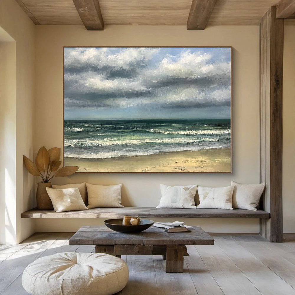 Green, Blue, Gray and Beige Cloudy Seaside "Calm Coast" Painting On Canvas HB0671