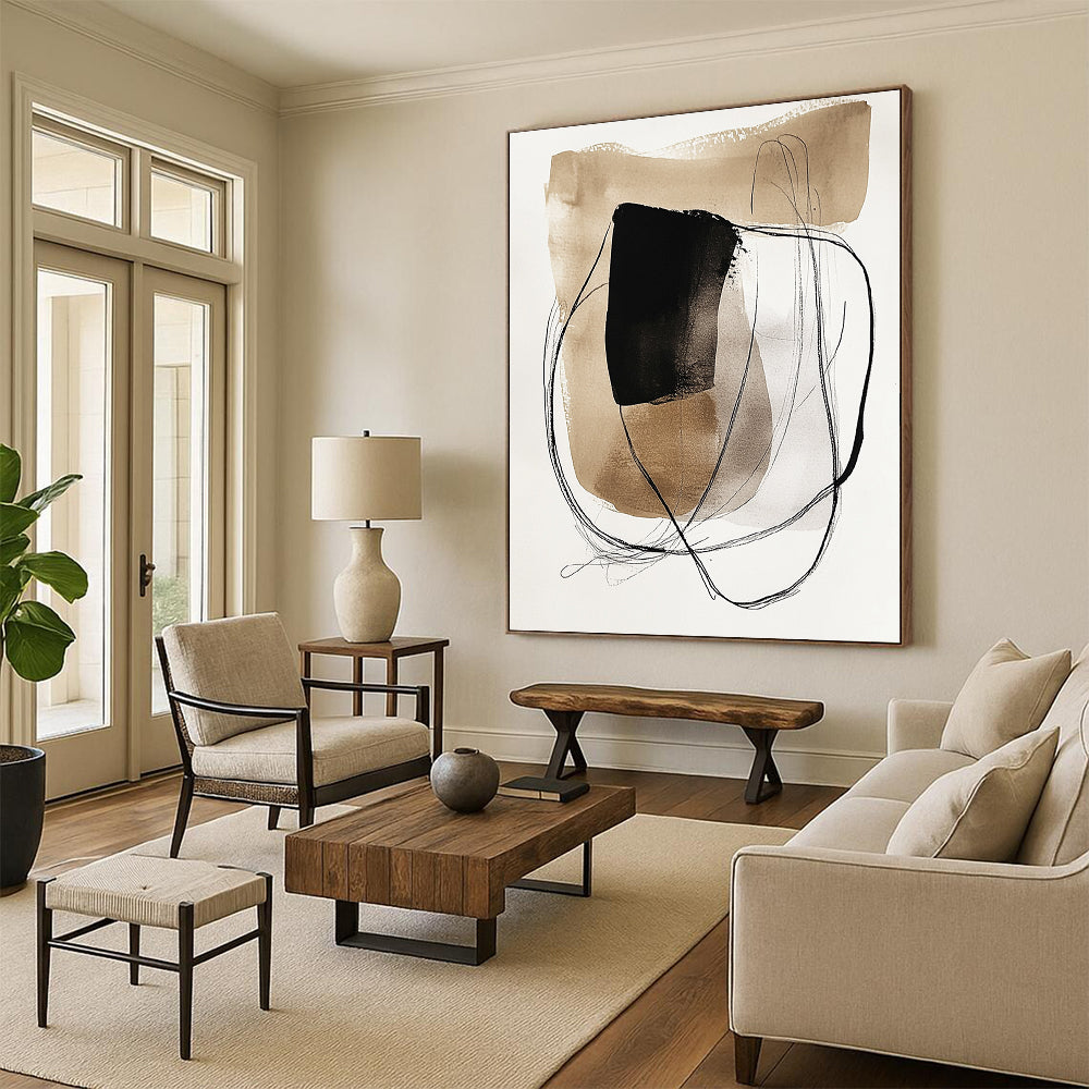 Modernist abstract art featuring watercolor and ink wash with earthy tones and minimalist shapes on a beige background for a unique aesthetic. DLZ1726