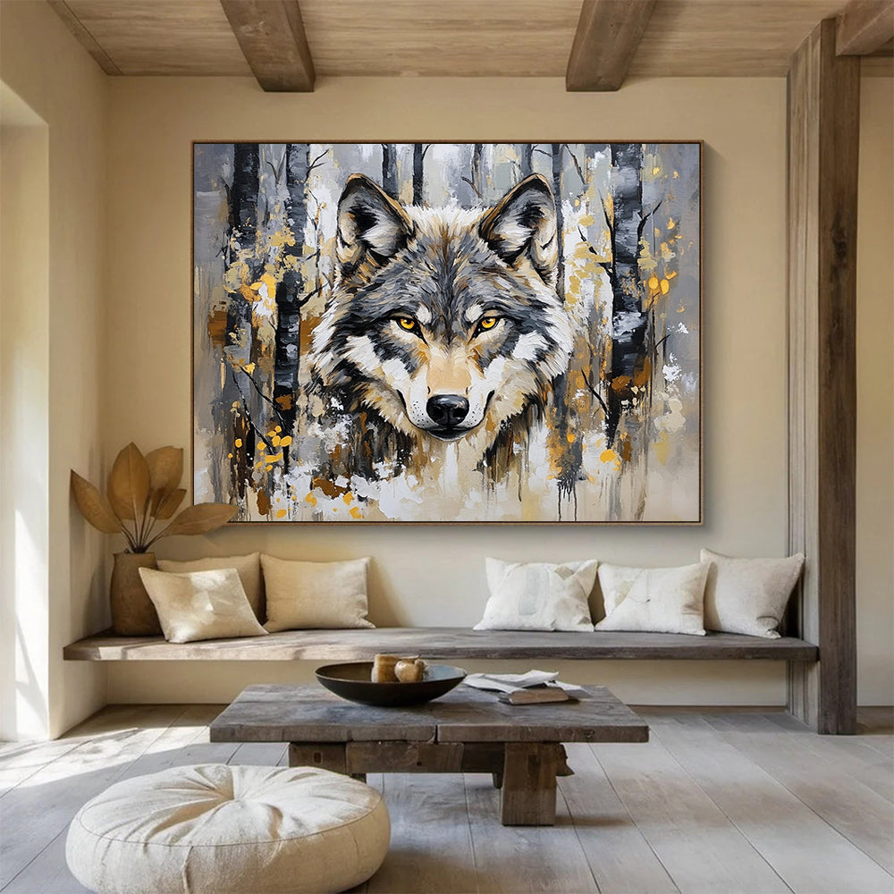 “Wolf in Forest” - Gray, brown, yellow, Realistic Animal Painting HB0636