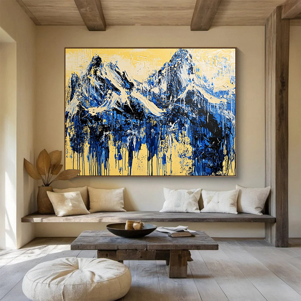 “Mountain Streams of Blue and Yellow” - Blue, yellow; Abstract mountain peaks; Drip - style Acrylic Painting On Canvas HB1187