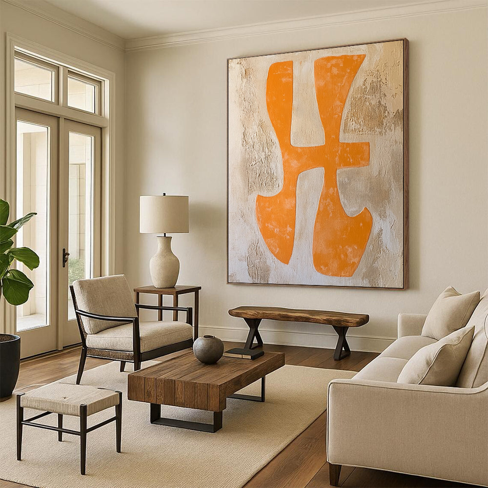 Contemporary abstract painting featuring orange "Xing" characters in a textured canvas with warm terracotta and pale yellow hues. DLZ1706