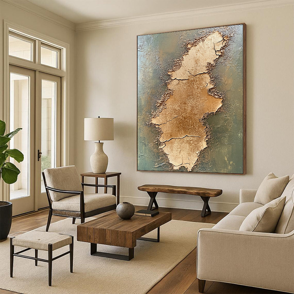 Contemporary abstract painting features two stacked cracked brown earth plains on an olive green background created with textured oil paint. DLZ0651