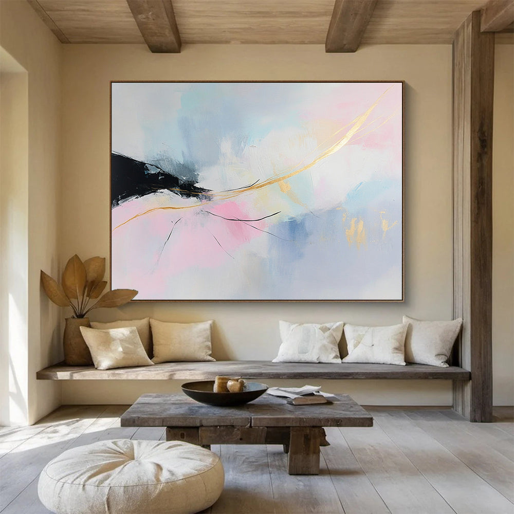 “Pastel Abstract Dream” - Pink, Blue, Gold, Soft Abstract Shapes Painting On Canvas HB0955