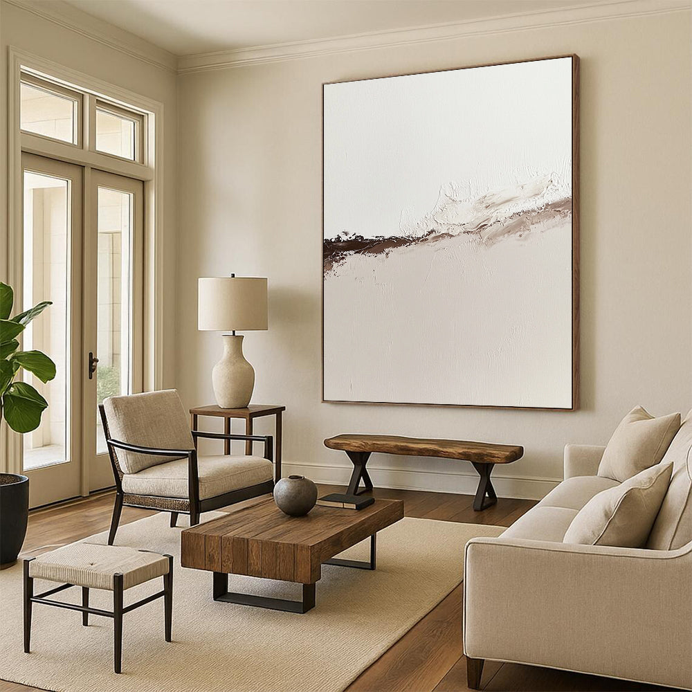 Contemporary abstract oil painting showcasing the tranquil boundary of water and desert sand in muted neutral tones with rich brown accents. DLZ1312