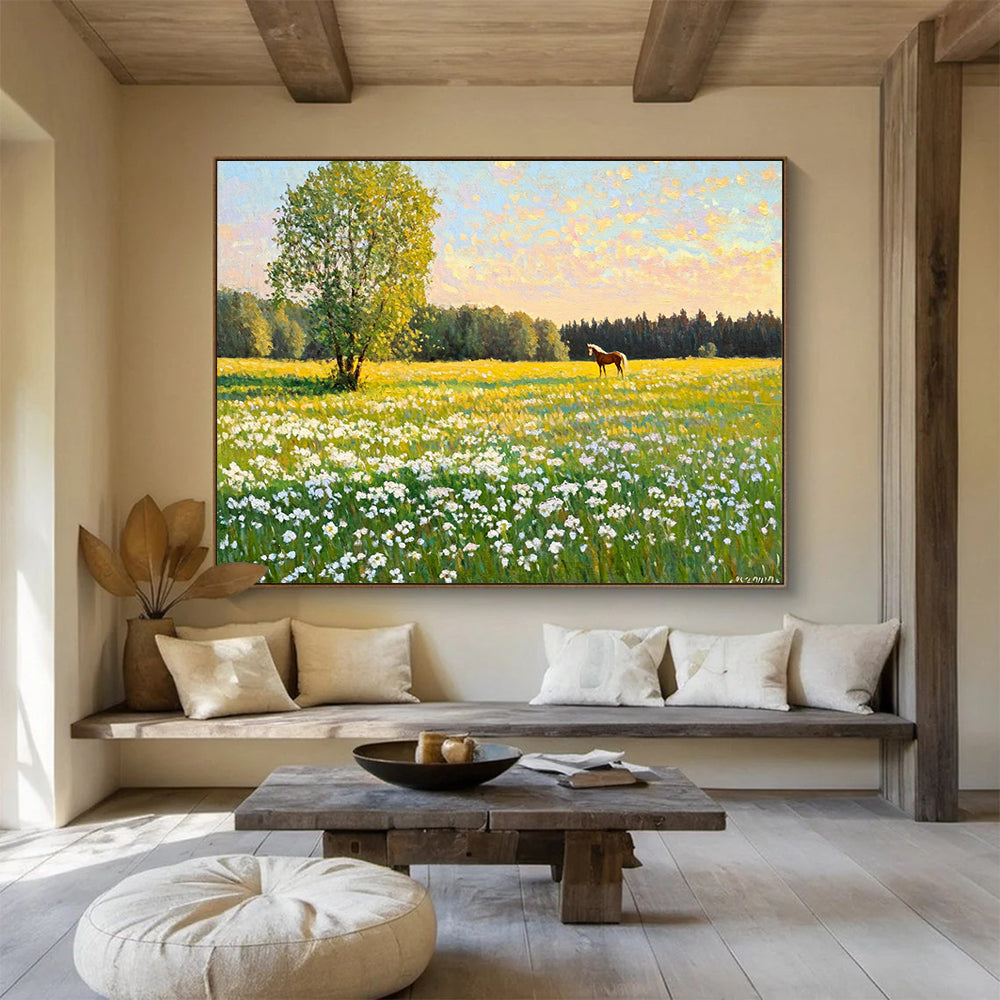 “Sunlit Field with Tree and Horse” - Bright Greens, Yellows, Blues, Field with Tree and Horse - Realist Oil Painting HB1688