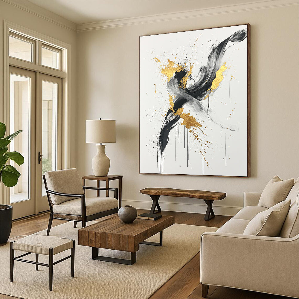 Black, White, Gold, Gray, Swirling Splashes "Gilded Chaos" Abstract Expressionist Painting On Canvas HB098