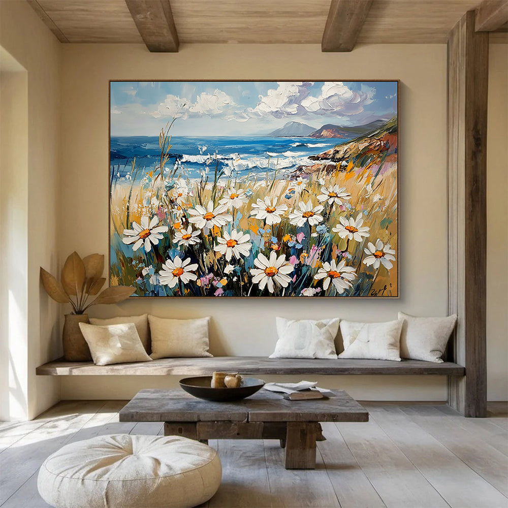 “Seaside Daisies” - Soft Whites, Yellows, Blues, Daisies by the Ocean - Impasto Oil Painting HB1747