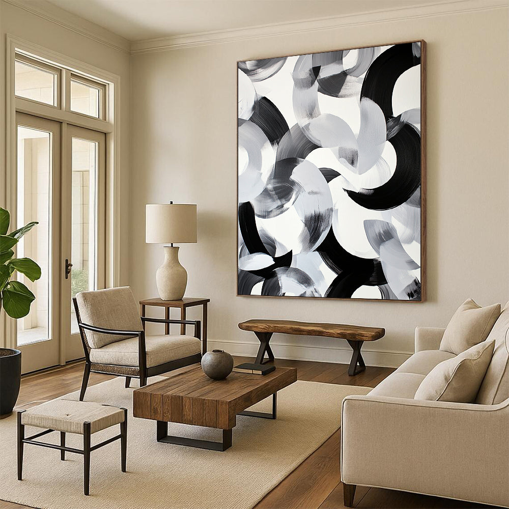 Black & Gray Intertwined Curves - “Fluid Ink Harmony” Painting On Canvas HB239