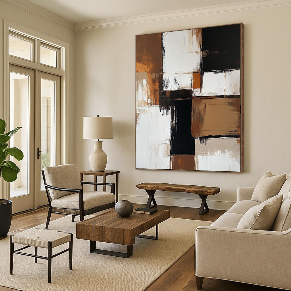 Contemporary hand-painted abstract art featuring bold brown and white color blocks with beige tones and striking black accents, showcasing minimalistic brush strokes. DLZ0735