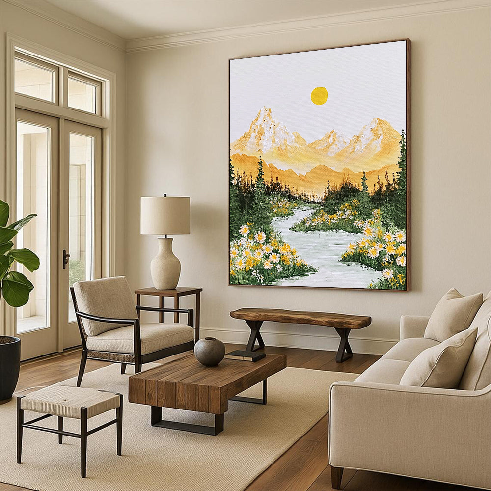 Contemporary abstract art features vibrant yellow and green Alps mountains, flowing river, radiant sun, and delicate flowers, evoking tranquility and beauty. DLZ1418