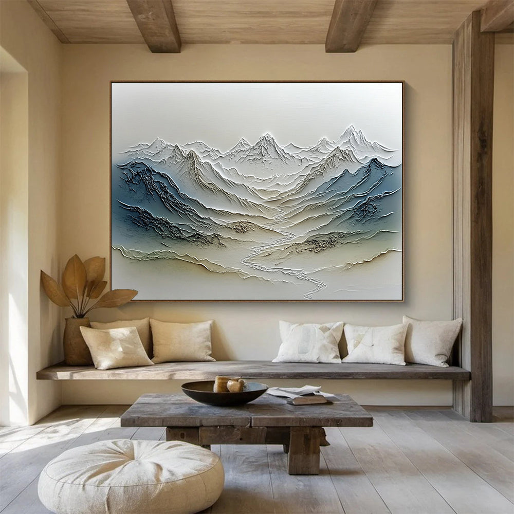 “Textured Mountain Range Relief” - Gray, Blue, Beige, Textured Landscape Painting On Canvas HB0774