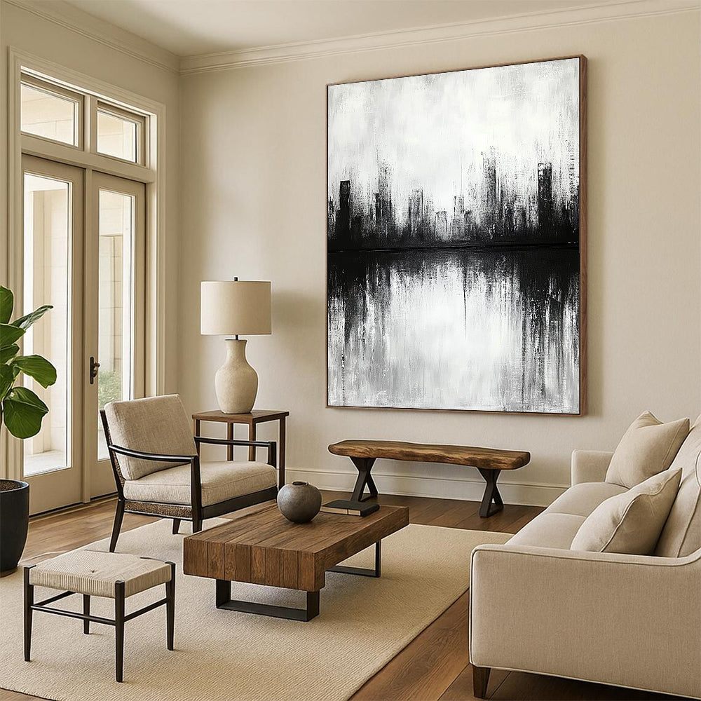 Contemporary abstract artwork featuring a cityscape with lake reflections soft focus and neutral tones creating a tranquil and contemplative atmosphere. DLZ0301