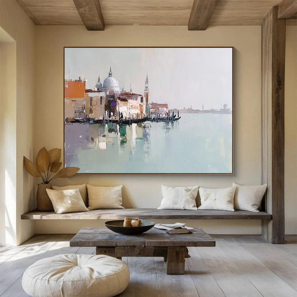 “Venice Impression Abstract” - Beige, Blue, Orange with Venice Scene - Painting On Canvas HB1403