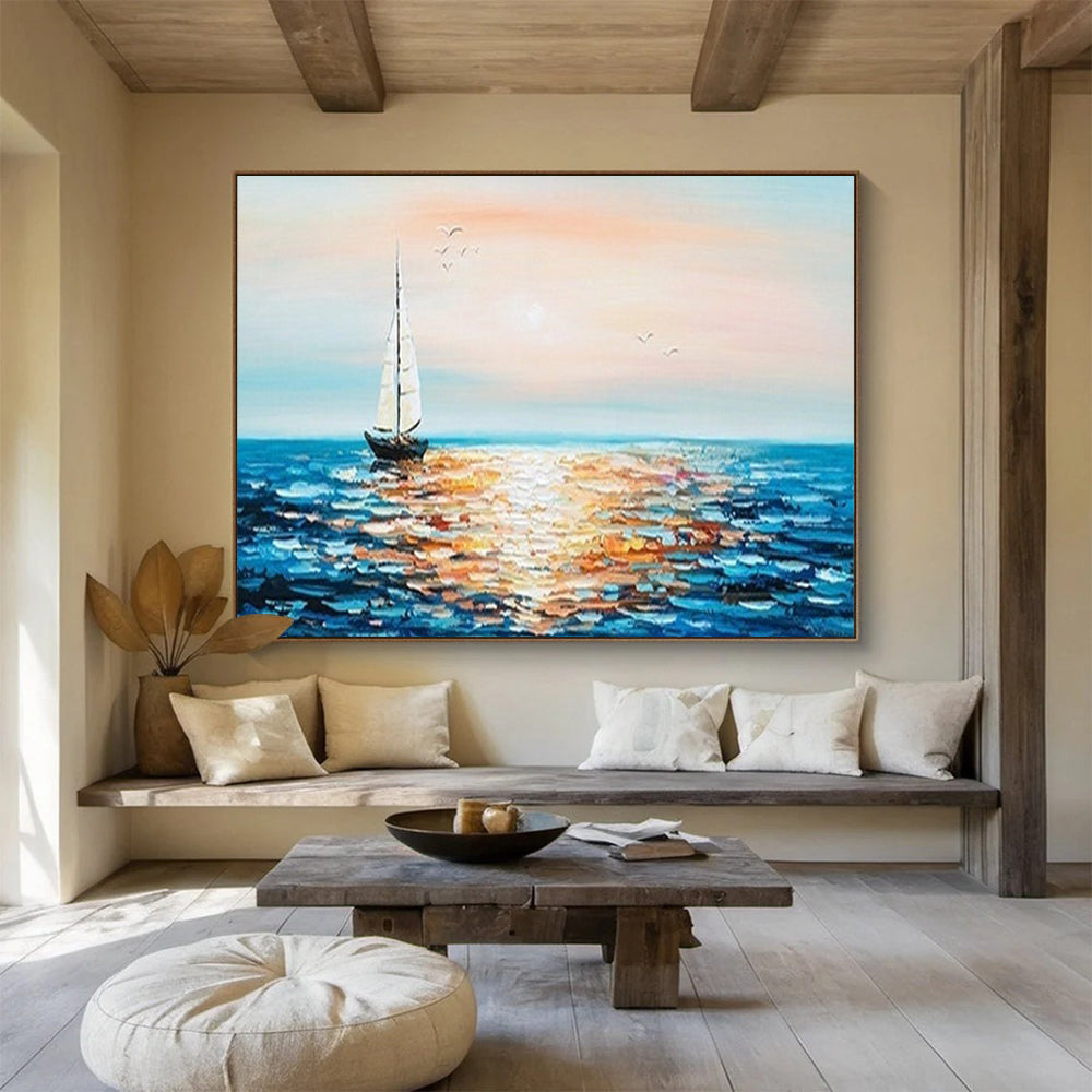 Sunset Sailboat Sea Oil Painting - Coastal Dining Room or Bedroom Art DLZ188