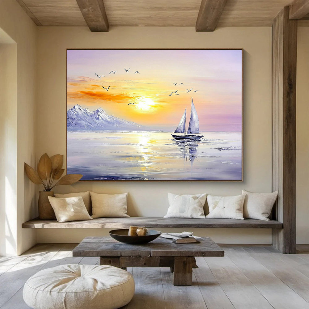 “Sailboat Under Mountain Sunset” - Oranges, Yellows, Purples, Sailboat, Mountains, Birds - Impasto Oil Painting HB1736