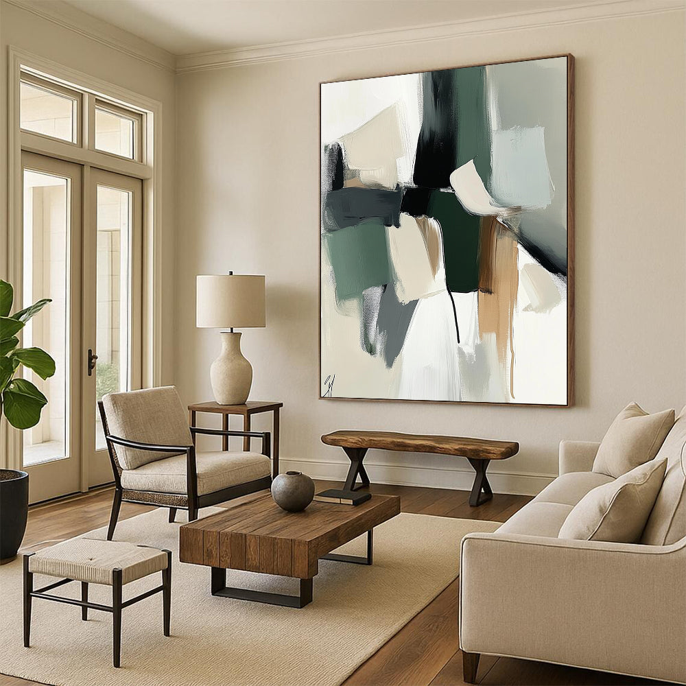 Large contemporary hand-painted abstract artwork with soft shapes and colors in sage green and white, complemented by dark gray for a gentle atmosphere. DLZ0770