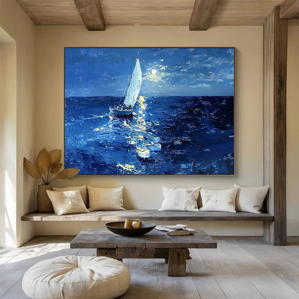“Moonlit Sailboat” - Deep Blue, White, Yellow, Sailboat on Moonlit Sea - Impasto Oil Painting HB1696