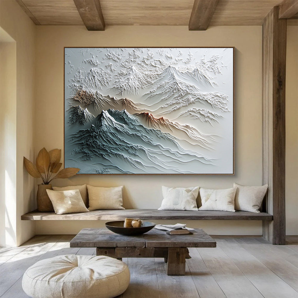 White, Gray, Brown and Blue Textured Mountain "Sculpted Peaks" Painting On Canvas HB0667