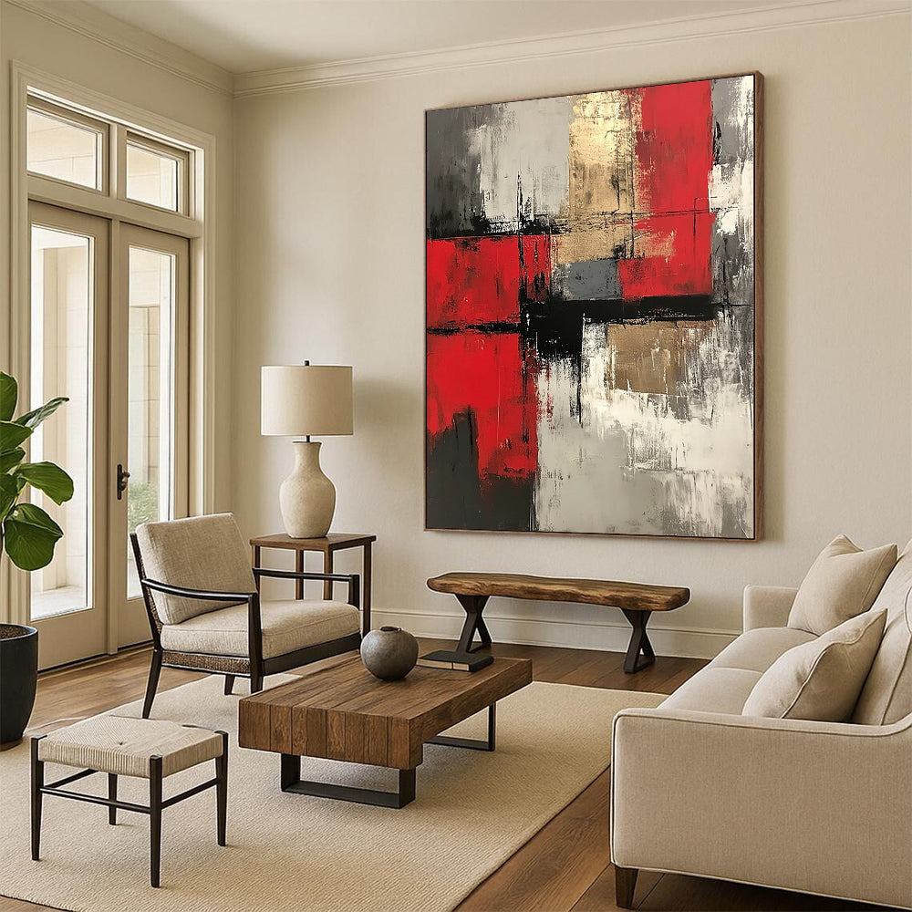 Red, Gray, Gold, Dynamic Blocks "Gilded Chaos" Abstract Expressionist Painting On Canvas HB143