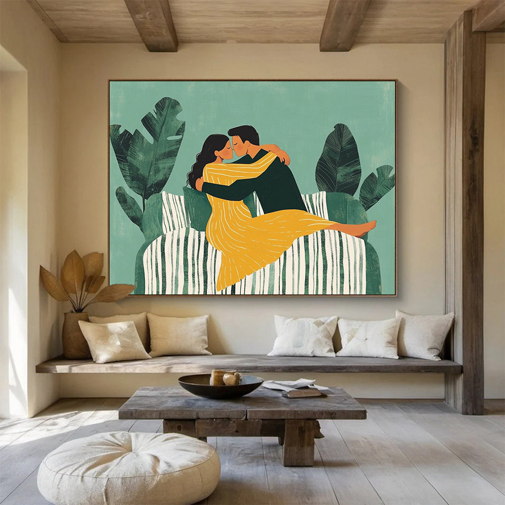 “Cozy Couples’ Embrace” - Greens, Yellows, Whites, Loving Illustration - Whimsical Wall Art HB1562