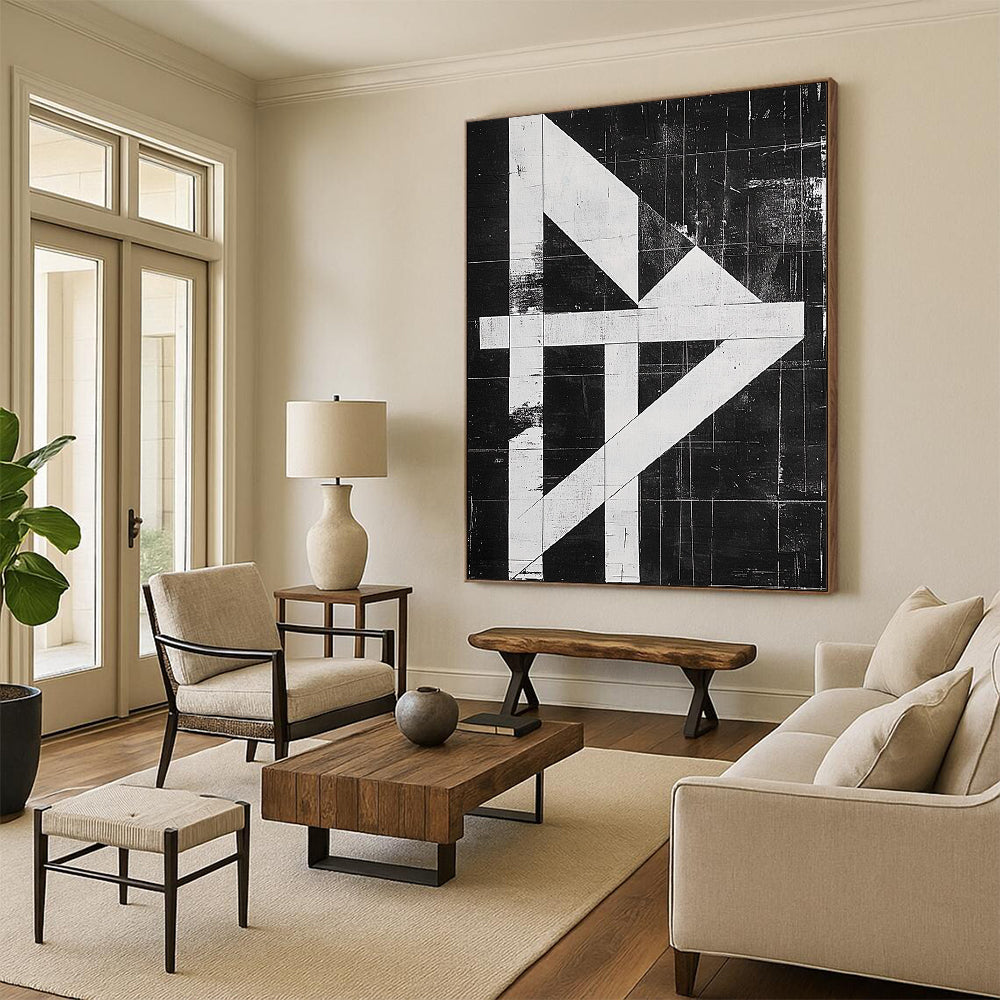 Contemporary hand-painted abstract artwork featuring a high-contrast black and white design with an "H" shape and textured risograph print on canvas. DLZ1140