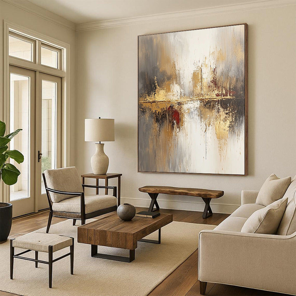 Large contemporary abstract painting featuring soft beige and gray tones enhanced with gold accents and a blurred background for a modern aesthetic. DLZ0759