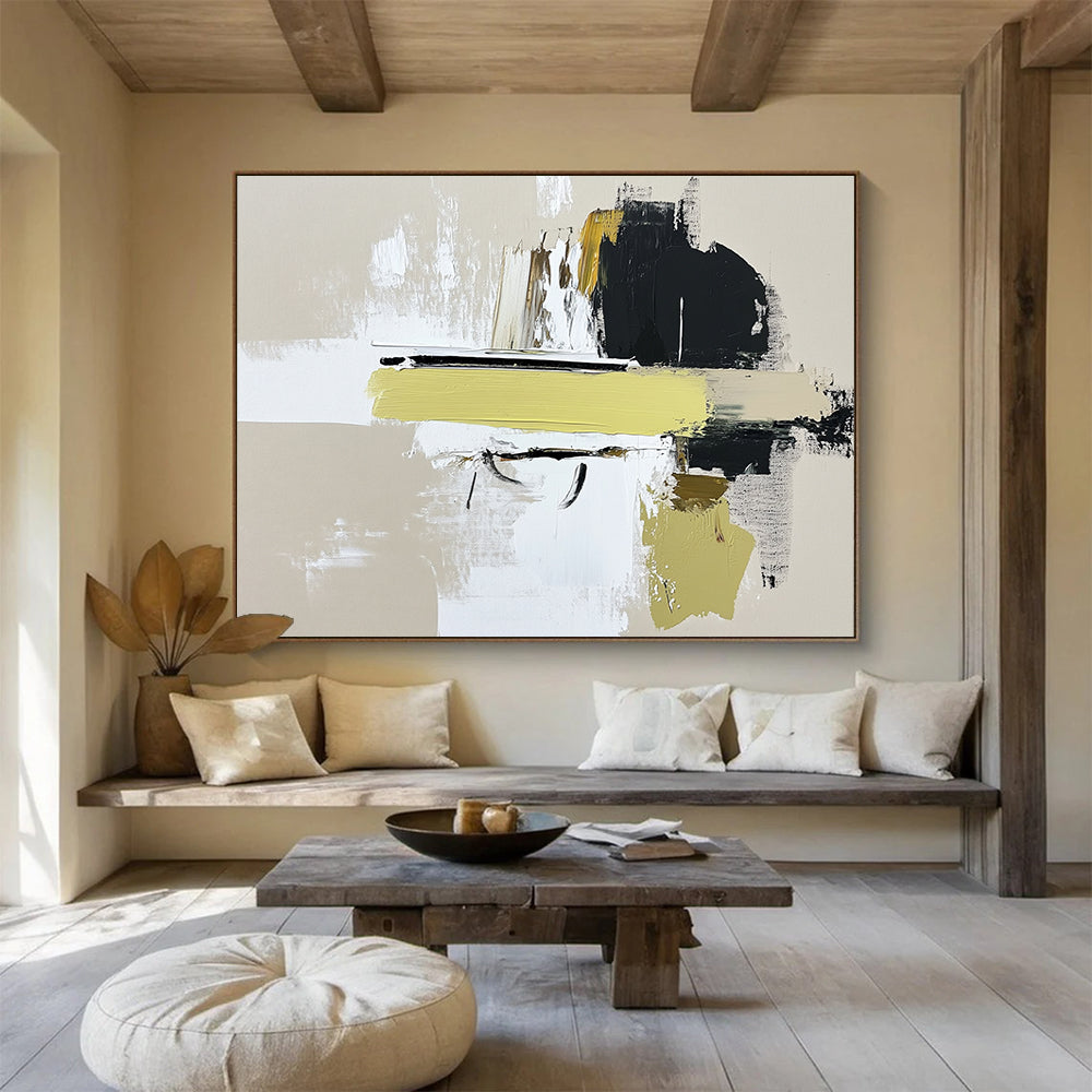 “Abstract Yellow Accent” - Beige, White, Black, Yellow, Dynamic Abstract Shapes Painting On Canvas HB0961