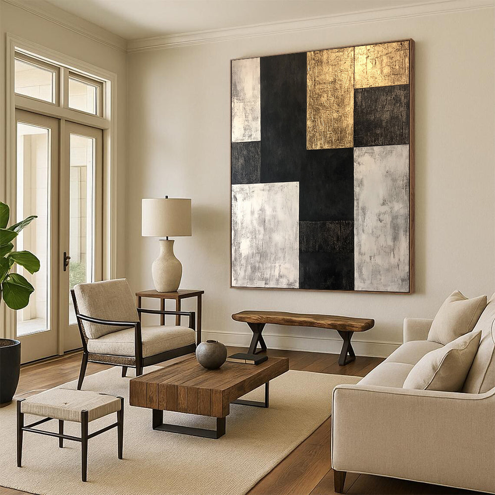 Black, White, Gold, Geometric Blocks "Gilded Monochrome Blocks" Abstract Geometric Painting On Canvas HB171
