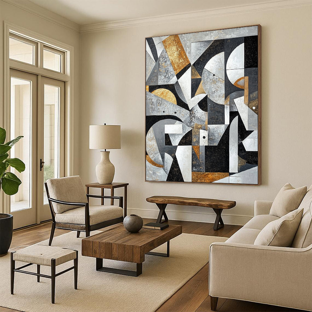 Gray, Black, White, Gold and Brown Geometric Abstraction "Vintage Geometry" Painting On Canvas HB395